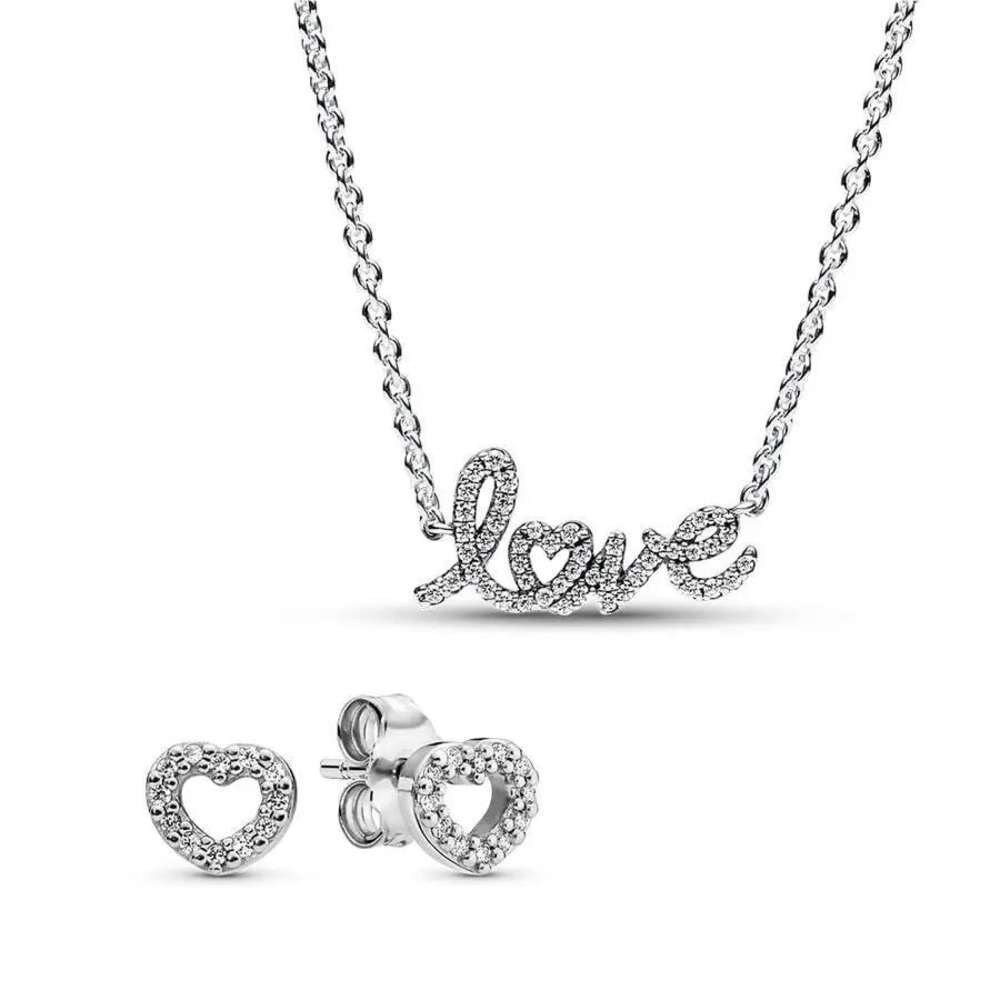 Pandora Silver Heart Necklace and Earrings Set